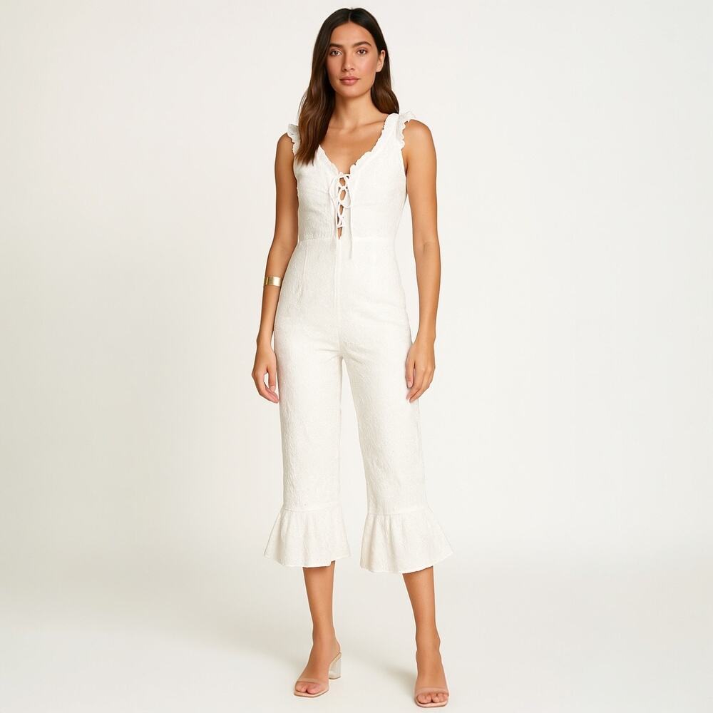 Women’s White Lace-Up Ruffle Jumpsuit